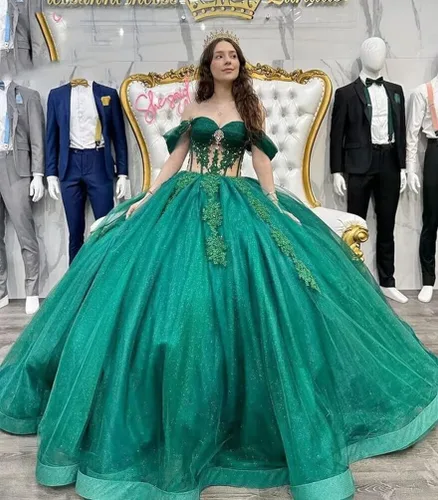 Vista 3 de Mouccy Brillantes con cuentas dulces 15 16 vestidos fuera del hombro encaje quinceañera vestidos de tul hinchado vestido de baile de graduación