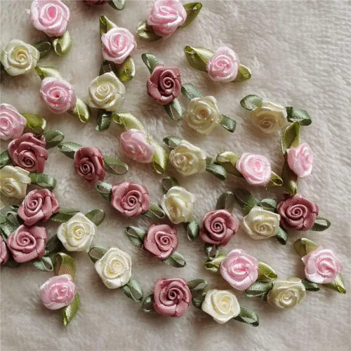 Vista 7 de 100 unids/lote de mini rosas hechas a mano con cinta de raso artificial para decoración de bodas, accesorios de costura (albaricoque)