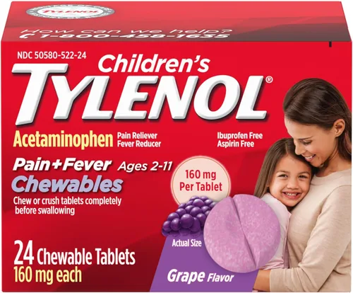 Vista 10 de Tylenol para niños masticables con 160 mg de acetaminofeno, analgésico y reductor de fiebre para síntomas de resfriado y gripe en niños, dolor