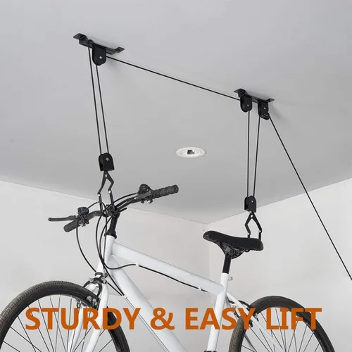 Vista 6 de Wallmaster Soporte de techo para bicicletas, elevador de bicicletas montado en el techo, sistema de polea para bicicletas para garaje, ganchos