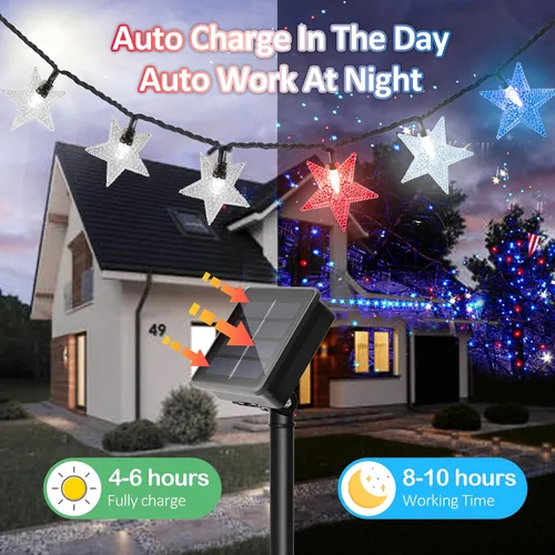 Vista 3 de Cadena de luces solares brillantes del 4 de julio para decoración al aire libre, luces de hadas impermeables de 39 pies, rojas, blancas y azules