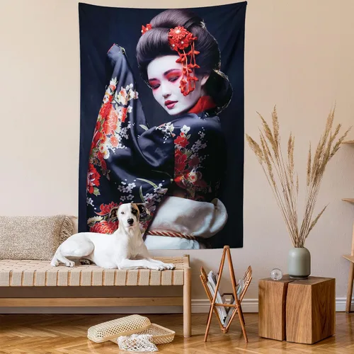 Vista 2 de Lunarable Tapiz japonés, Geisha joven en kimono con maquillaje oriental tradicional de Sakura, decoración de tela para colgar en la pared