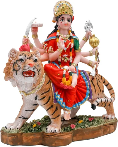Vista 6 de alikiki Diosa hindú Durga Estatua grande – 8.5 pulgadas Dios indio Durga MATA Ídolo en la estatua de tigre India Murti Casa Oficina Templo Mandir