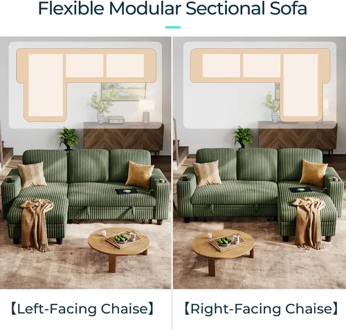 Vista 4 de LINSY HOME Sofá Seccional Cama con Sofá Cama Extraíble Convertible de Pana Suave Tipo Nube con Chaise de Almacenamiento y Carga USB, Cómodos Sofás