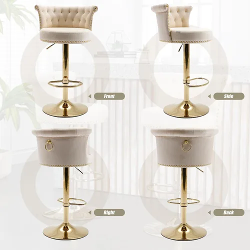 Vista 8 de Juego de 2 taburetes de bar giratorios de terciopelo de 360°, butacas ajustables para barra de cocina con respaldo de clavos, base dorada