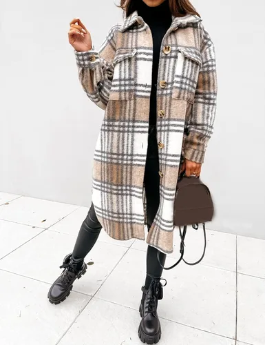 Vista 4 de Omoone Abrigo largo clásico de lana con botones para mujer, chaqueta de tartán con bolsillos