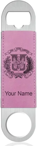 Vista 9 de LaserGram Abrebotellas, escudo de armas República Dominicana, grabado personalizado incluido (cuero sintético, negro y dorado)