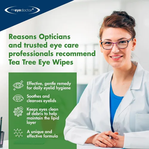 Vista 3 de The Eye Doctor Toallitas para párpados de aceite de árbol de té, 20 toallitas de limpieza de ojos de un solo uso para el cuidado diario de la tapa