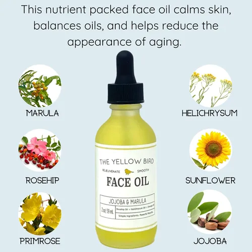 Vista 2 de Aceite facial nutritivo Yellow Bird, suero facial hidratante y antienvejecimiento. Incluye jojoba, marula, prímula y rosa mosqueta para restaurar