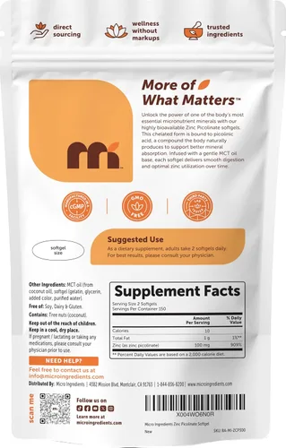 Vista 2 de Micro Ingredients Picolinato de zinc 100 mg por porción, 300 cápsulas blandas Suplemento de zinc para mujeres y hombres Fabricado con aceite MCT