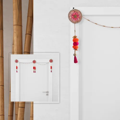 Vista 2 de Toran Bandanwaar Gota - Cuentas de pompón para colgar para el hogar, pared, puerta, templo, festival, boda, fiesta, decoración y regalo (rosa)