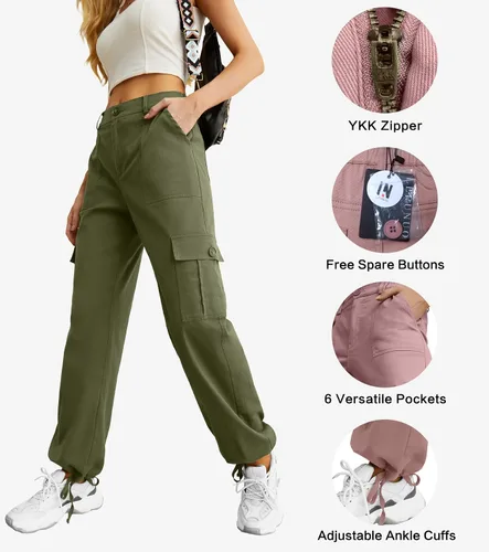 Vista 2 de Lepunuo Pantalones cargo de cintura alta para mujer, pantalones de viaje Y2K Streetwear holgados elásticos con 6 bolsillos con cordón en los tobillos