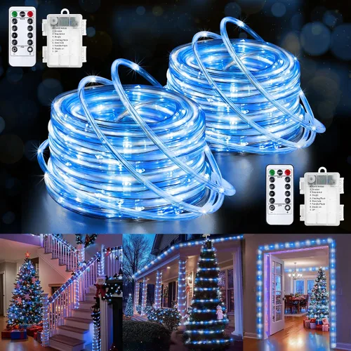 Vista 16 de Jnaurb Paquete de 2 luces de cuerda a pilas para exteriores, total de 66 pies, 200 LED, 8 modos, funciona con pilas, luces de hadas de Navidad