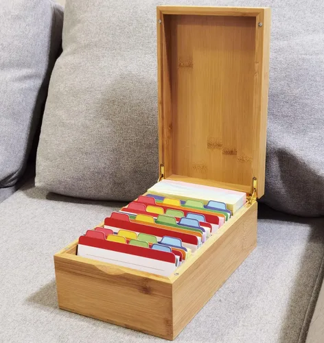 Vista 7 de Neando Portatarjetas de índice de bambú para tarjetas de 3 x 5 – Organizador de madera con tapa, 4 compartimentos, capacidad para 600 tarjetas