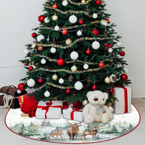 Vista 5 de Falda de árbol de Navidad de 48 pulgadas, falda de árbol de Navidad de poliéster con patrón de copo de nieve, ciervo, muñeco de nieve, decoraciones