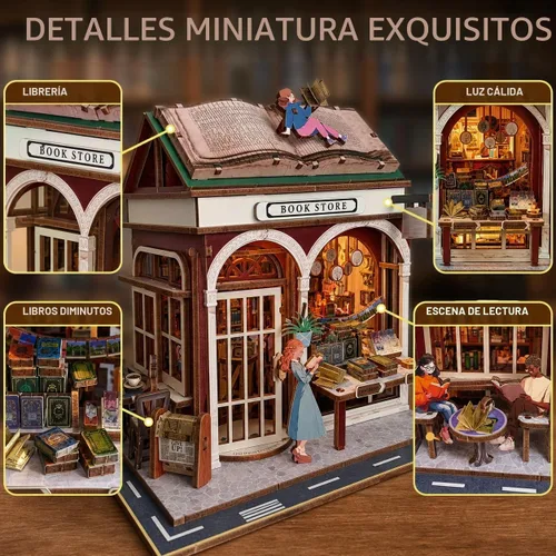 Vista 4 de Rompecabezas de madera 3D, kits de rincón de libros para adultos, kits de construcción de casas en miniatura, manualidades de madera