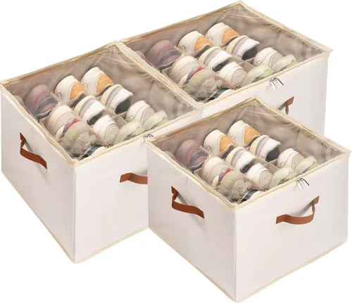 Vista 10 de Caja organizadora de zapatos, paquete de 2, organizador de almacenamiento de zapatos con cubierta transparente, divisores ajustables para 16-32