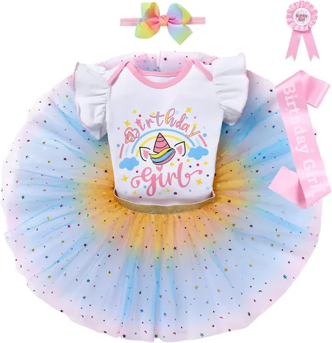 Vista 3 de IDOPIP Conjunto de 5 piezas de ropa para bebé con diseño de arco iris para 1er 2 3 cumpleaños para niña