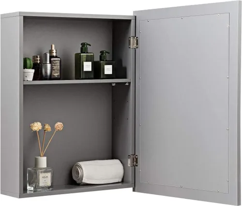 Vista 9 de Tangkula Armario de baño con espejo, gabinete de almacenamiento de montaje en pared con puertas individuales, botiquín colgante para baño (gris)