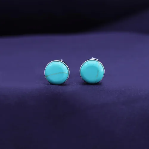 Vista 2 de AFFY Juego de bisel de botón de cúpula turquesa para mujer en oro de 14 quilates sobre plata de ley 925, aretes redondos de turquesa para mujeres