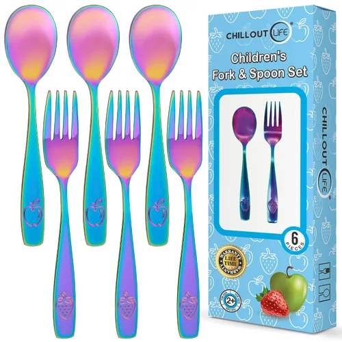 Vista 14 de CHILLOUT LIFE Juego de cubiertos de acero inoxidable para niños, 6 piezas, cubiertos seguros para niños y niños, juego de utensilios para niños