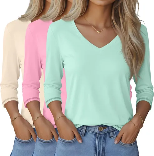 Vista 31 de Ficerd Paquete de 3 camisetas de manga 3/4 para mujer, cuello en V, blusas holgadas, blusas casuales, ropa de moda 2026