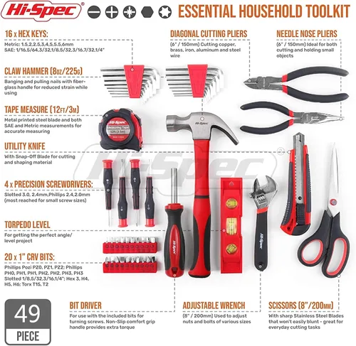 Vista 2 de Hi-Spec Juego completo de herramientas para el hogar de 49 piezas en una caja de herramientas portátil. Herramientas esenciales de reparación