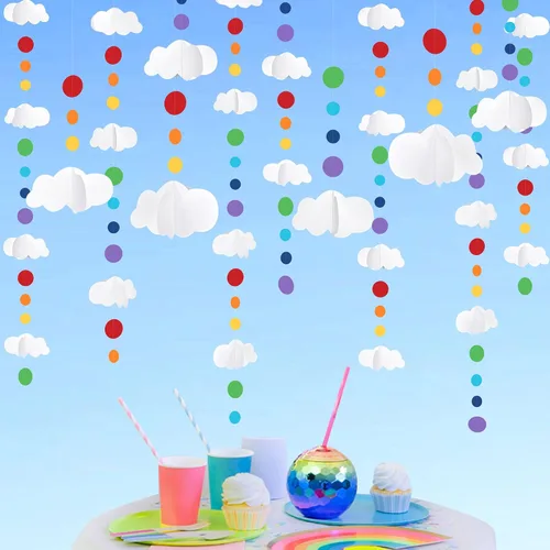 Vista 13 de Decoraciones de fiesta de arco iris, nube 3D, círculo, puntos, estrella, luna, rayo, guirnalda colorida para cumpleaños, baby shower, boda