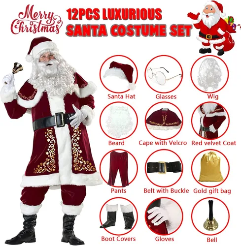Vista 5 de ALANANO Deluxe Santa Claus Costume 12 pcs Christmas Velvet Santa Suit for Men