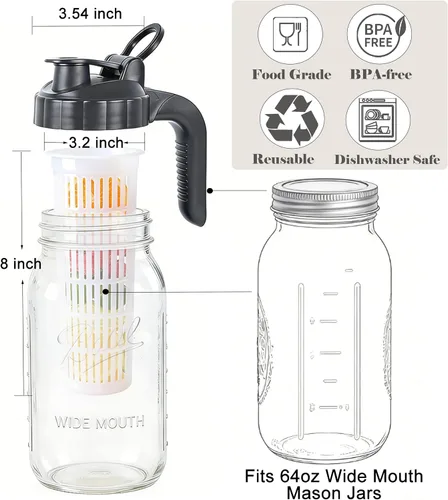 Vista 2 de Mason Jar - Tapa de boquilla con infusor de frutas para jarra de boca ancha de 64 onzas, filtro de malla de grado alimenticio, tapa abatible