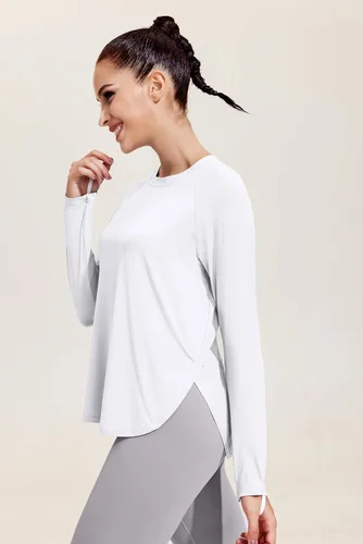 Vista 5 de Pinspark Camisetas de entrenamiento de manga larga para mujer, absorben la humedad, camisetas de yoga para senderismo, atléticas, ajuste holgado