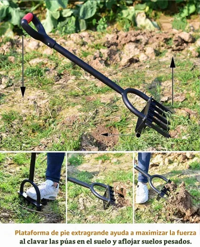 Vista 2 de Horquilla resistente de 5 dientes para jardinería - Horquilla de excavación de mango largo, garra desmalezadora de jardín