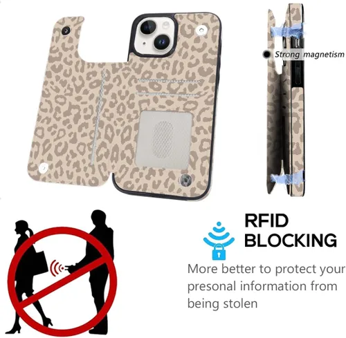 Vista 4 de Funda compatible con iPhone 14/15 con tarjetero y ranuras integradas de piel sintética con función atril y a prueba de golpes para iPhone 14/15