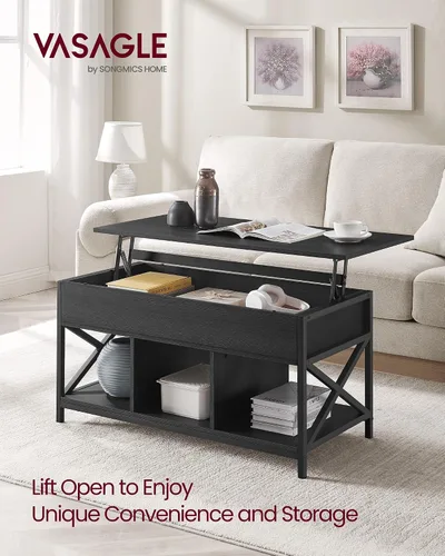 Vista 3 de VASAGLE Mesa de Centro con Tapa Elevable, Mesa de Café Elevable con Estante de Almacenamiento, Compartimentos Ocultos y Tapa Elevable, para Sala