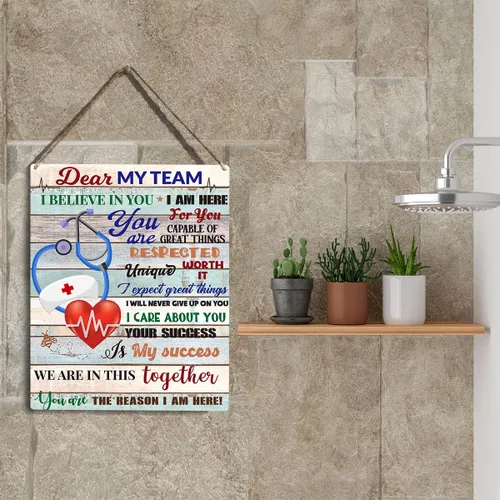 Vista 5 de Dear My Team - Arte de regalo de enfermera, arte de pared para personal médico, letrero colgante de madera inspirador para oficina, 10 x 8 pulgadas