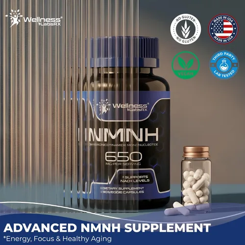 Vista 8 de WELLNESS LABSRX NMNH 650 mg por porción - Mononucleótido de dihidronicinamida - Apoya los niveles de NAD+ - 90 cápsulas vegetales - Suministro