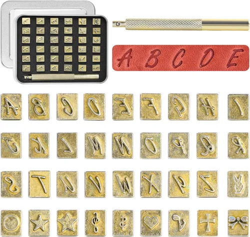 Vista 9 de BESTNULE Kit de estampado de cuero, juego de 37 piezas con 26 letras mayúsculas (0.217 in), 10 números (0.236 pulgadas) y mango de estampado