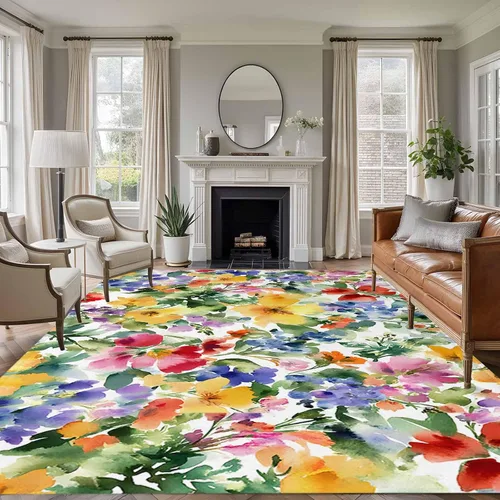 Vista 10 de Round Rugs 3 Feet, Green Yellow Floral Non Slip Area Rugs for Living Room, Bedroom, Barhroom, Entryway, Purple Blue Watercolor Retro Leaf Soft