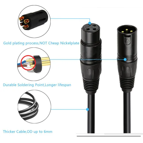 Vista 2 de Cable DMX de 6 pies, cable DMX chapado en oro de 3 pines XLR macho a hembra, lo mejor para iluminación de escenario de DJ, luces de cabeza móvil