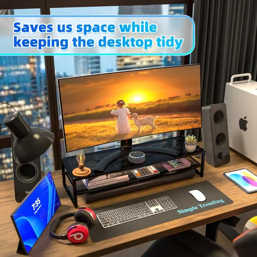 Vista 2 de Simple Trending - Soporte de dos niveles de metal para monitor dual, organizador de escritorio para oficina con alfombrilla para mouse de 32"x10