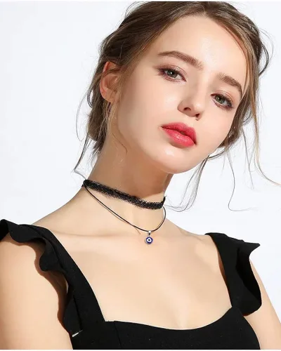 Vista 5 de Gargantilla con colgante de ojo malvado azul, collar de la suerte de cuerda de cuero para mujer