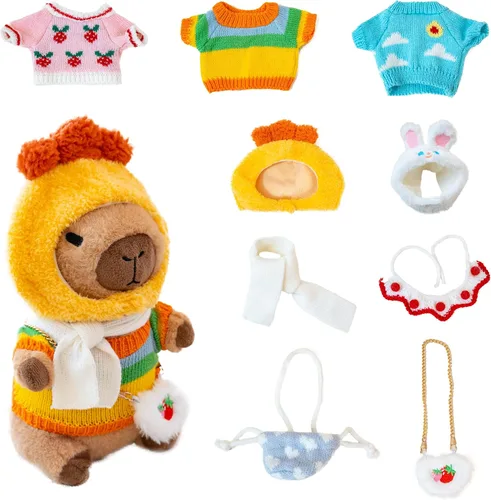 Vista 18 de Capybara - Lindo peluche de peluche para niños y niñas, juego de 10 piezas, 9 prendas y accesorios, juguete de peluche Kawaii, peluche suave