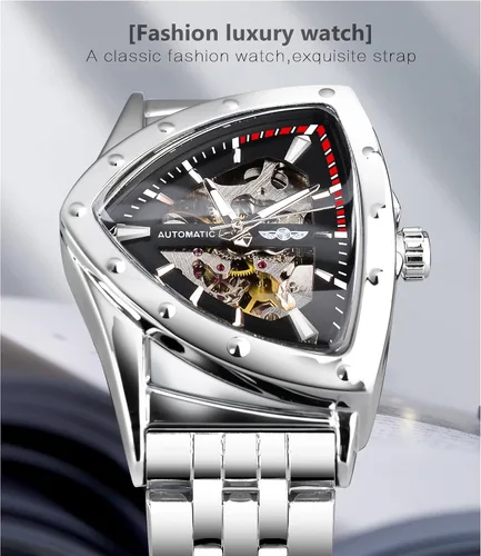 Vista 2 de FORSINING Reloj mecánico automático triangular Gold Shield esfera de gran tamaño diseño de esfera totalmente hueca movimiento automático correa