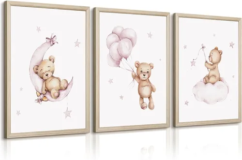 Vista 17 de Baccone Arte de pared para habitación de guardería con oso de peluche, póster para habitación de bebé niño o niña, decoración de pared de guardería