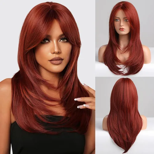 Vista 9 de HAIRCUBE Pelucas Auburn para Mujeres, Pelucas Largas en Capas Naranjas con Flequillo, Pelucas de Fibra Sintética Resistentes al Calor