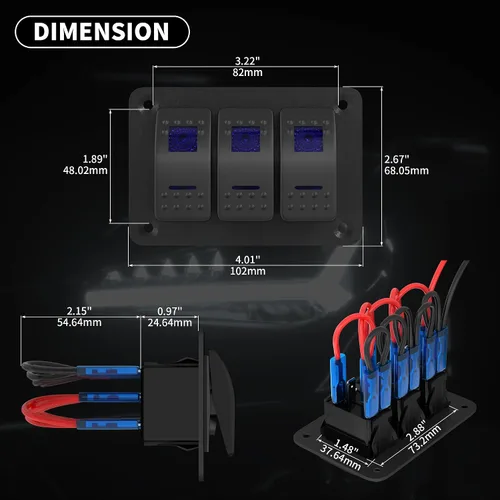 Vista 2 de DaierTek Panel de Interruptor Marino Impermeable 12V Panel de Interruptor Basculante de 3 Bandas Luz LED Azul Interruptor de Palanca Panel