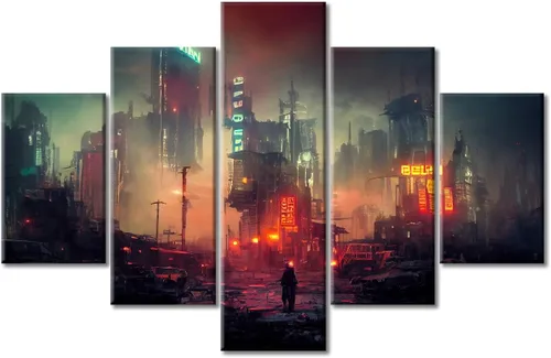 Vista 297 de Cuadros de 5 paneles de Cyberpunk City, arte de pared, representación de vallas publicitarias, edificios modernos en la capital con obras de arte