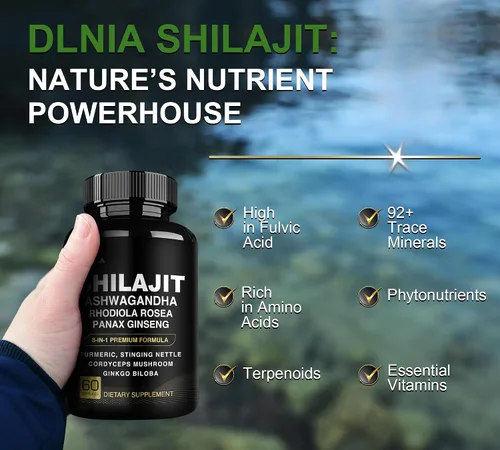 Vista 9 de DLNIA Shilajit 8 en 1 para hombres y mujeres con suplemento orgánico del Himalaya Ashwaganda con Rhodiola Rosea, ginseng, cúrcuma, hongos