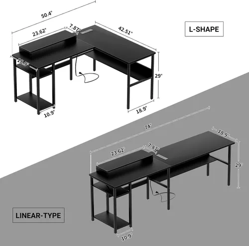 Vista 3 de Unikito Escritorio reversible en forma de L con tomas de corriente mágicas y luz LED inteligente, escritorio de esquina para computadora robusto