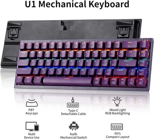 Vista 2 de Hexgears U1 Mini teclado con cable, teclado mecánico ergonómico para juegos con retroiluminación MX RGB, compacto, 68 teclas, Windows, laptop, PC